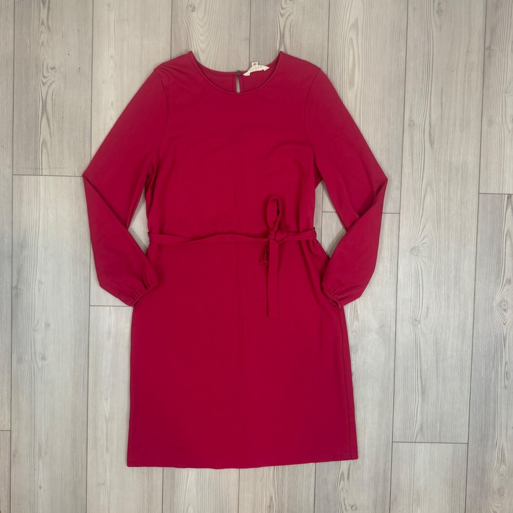 Boden Pink Long Sleeve Jersey Tie Waist Dress‎ US 12L D0759 Crew Neck Keyhole
